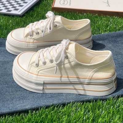 芒果头厚底小白鞋女2025新款夏季薄款透气帆布鞋休闲百搭增高板鞋