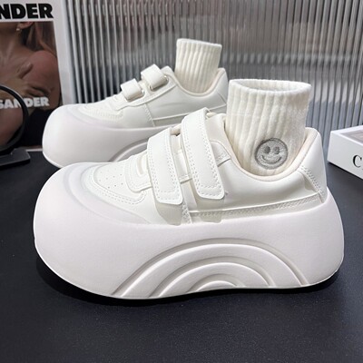 6cm厚底增高皮面小白鞋女2025新款小个子休闲百搭魔术贴松糕板鞋