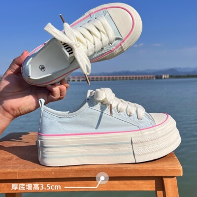 原创设计蓝色厚底增高帆布鞋女2026夏季新款薄款透气百搭松糕板鞋