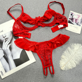 有钢圈聚拢显胸大奶罩文胸内裤 红色本命年 镂空胸托情调内衣套装