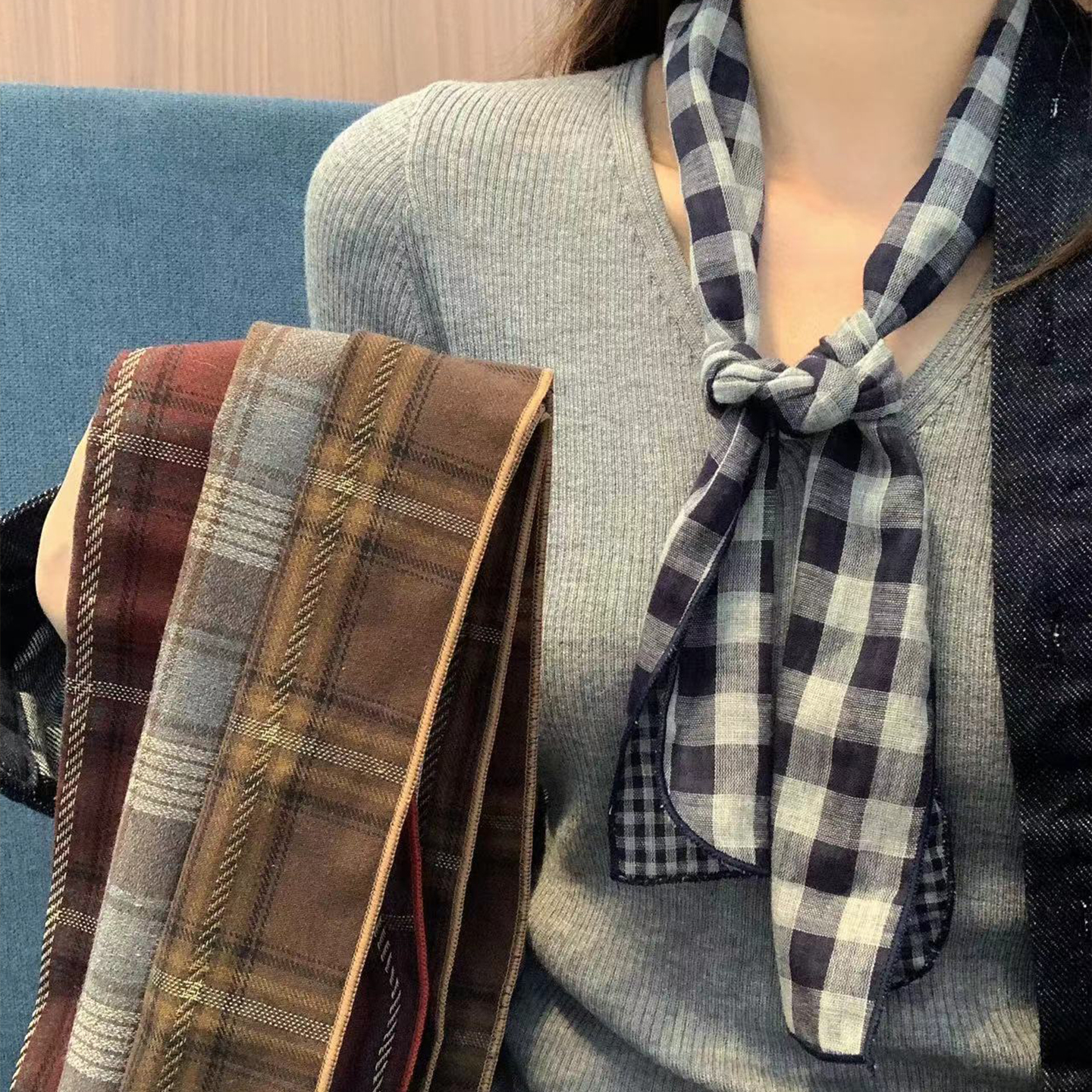 英伦格子~复古文艺格纹丝巾