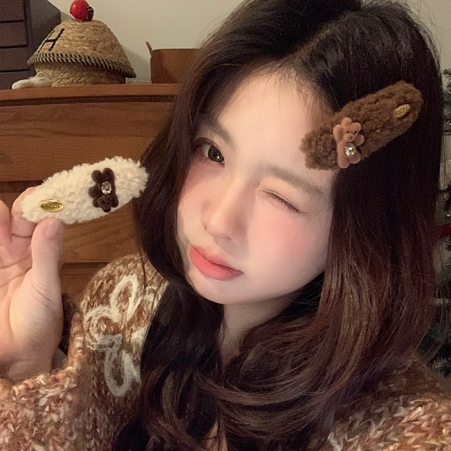 可爱能量~毛绒小熊金标一字夹