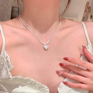 双层镶锆拉丝爱心项链女轻奢小众高级感颈链配饰锁骨链choker 法式