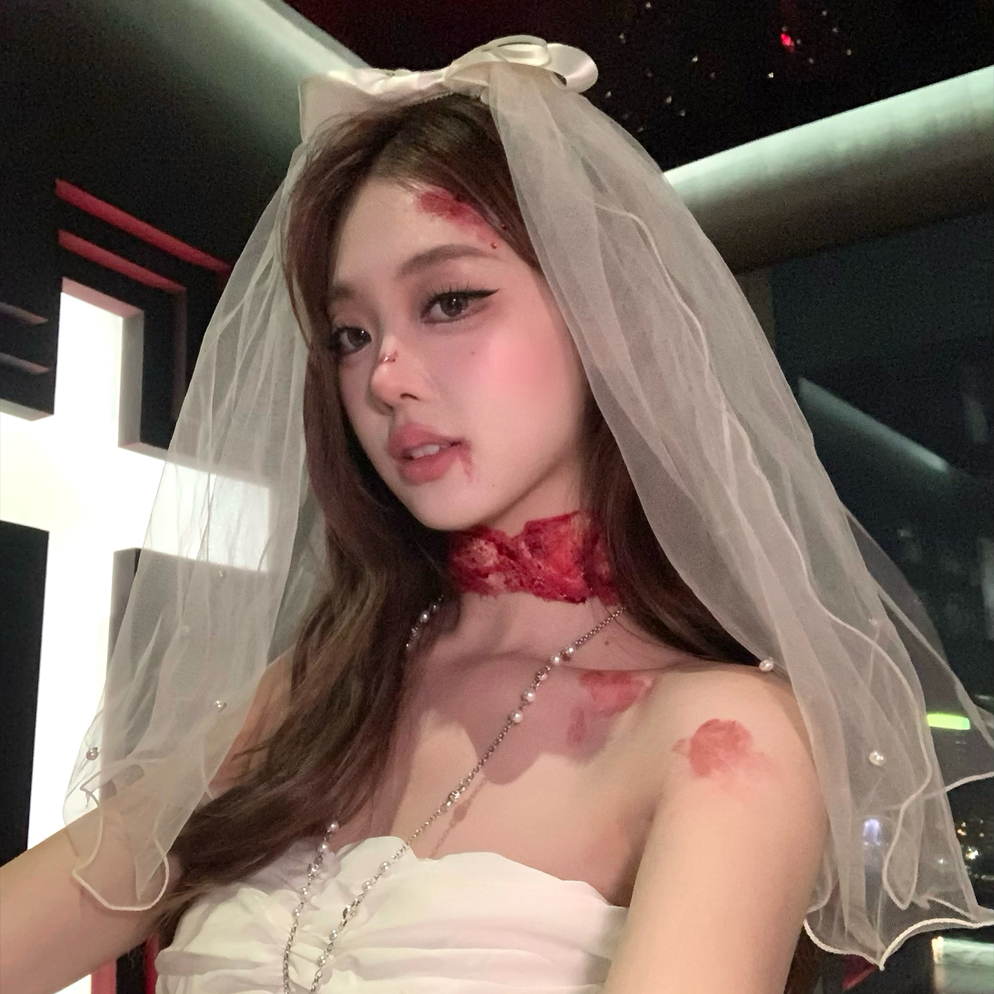 万圣节cos鬼新娘装扮白色蝴蝶结珍珠头纱发饰洛丽塔网纱头饰道具