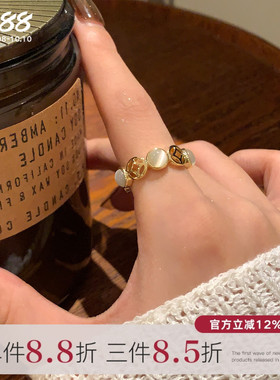 来财！金色镂空钱币猫眼石戒指
