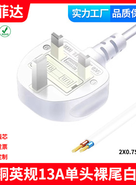 白色线UK英国插头13A单头裸尾ROHS环保两芯露铜BS-1363英规标准