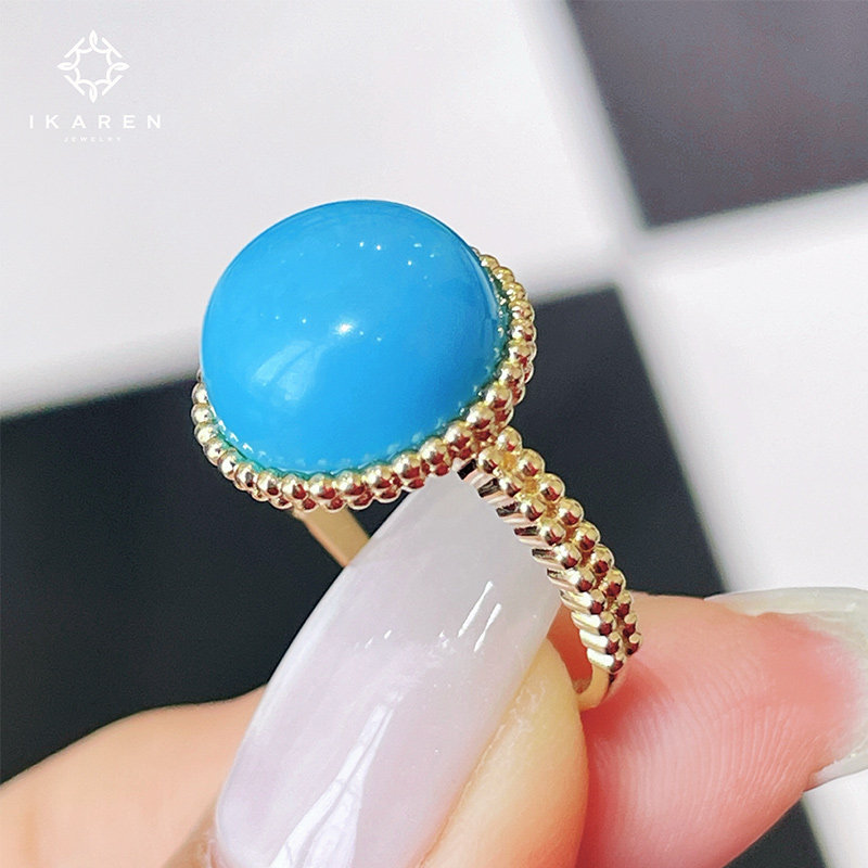 【IKAREN】天然绿松石蓝松石12mm3A级别美松蛋面戒指戒圈18K金镶