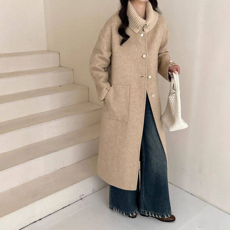 羊毛大衣女秋冬新款韩系高级感针织领保暖加厚羊驼绒双面毛呢外套