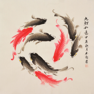 纯手绘装饰画荷花画水墨画花鸟画客厅画房间画事事如意福禄九鱼图