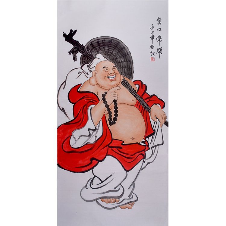 纯手绘弥勒佛画像人物国画入户玄关茶室办公室挂画笑口常开装饰画图片