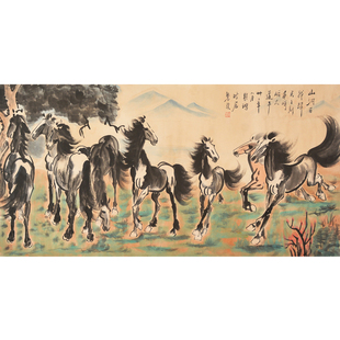 纯手绘名家徐悲鸿马客厅办公室装饰画国画八骏图水墨画