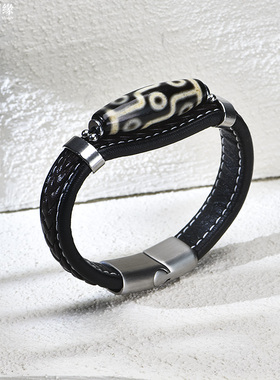 藏式九眼天珠手链皮质平安手环情侣民族风手串学生皮革手链礼物