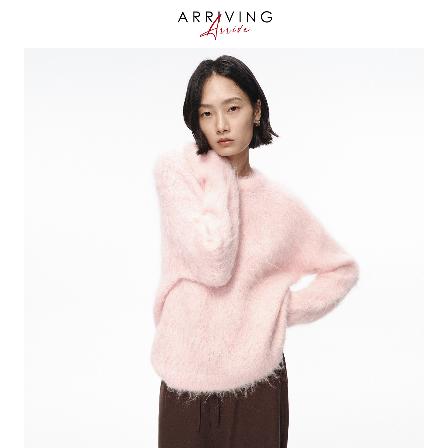 Arriving Arrive 秋冬粉色羊驼毛拉毛圆领毛衣基础宽松百搭上衣