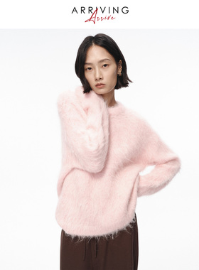 Arriving Arrive 秋冬粉色羊驼毛拉毛圆领毛衣基础宽松百搭上衣