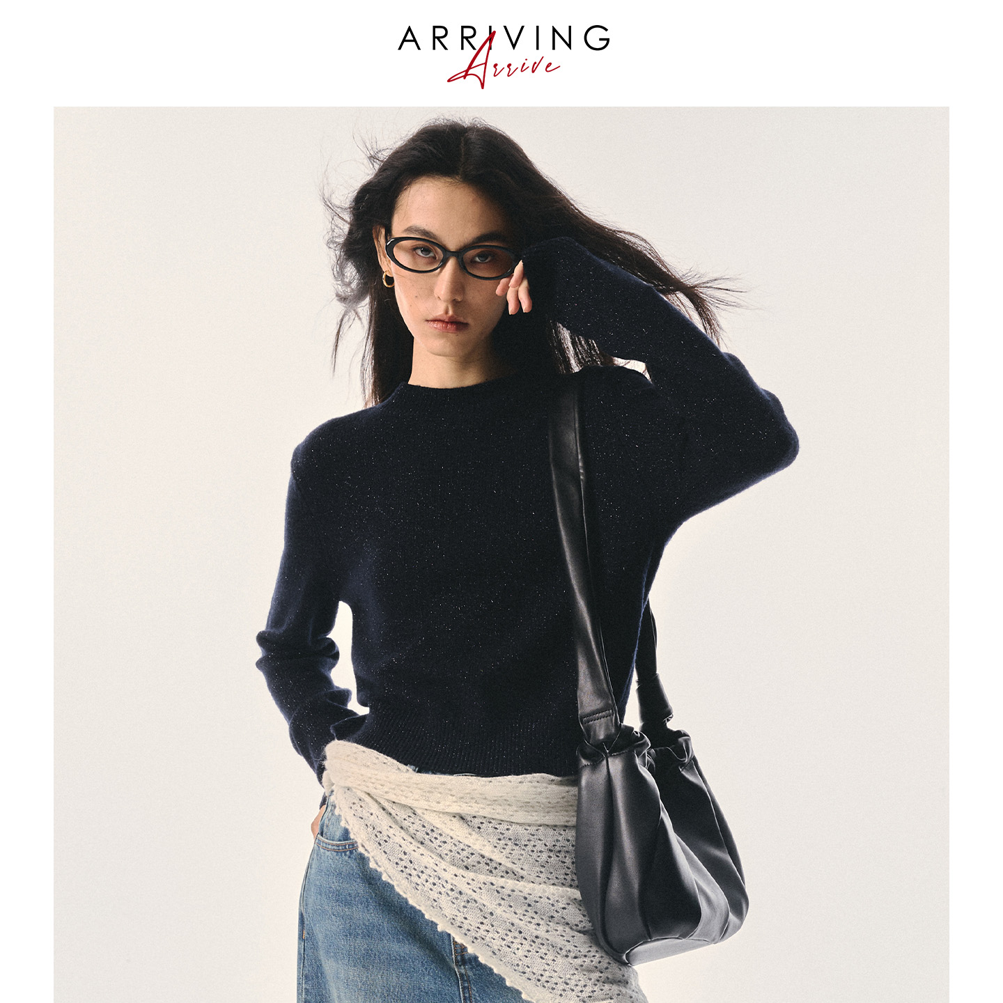 Arriving Arrive 复古百搭羊毛柔软正反两穿式圆领系带针织毛衣
