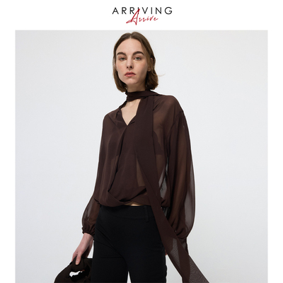 ArrivingArrive网纱轻奢风挂脖衬衫灯笼袖系带衬衣法式飘带上衣女