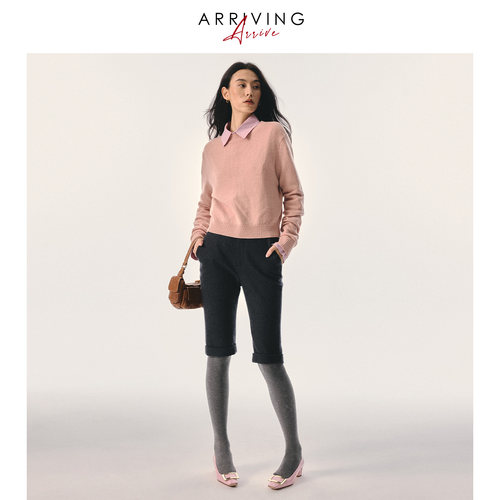 Arriving Arrive 复古时尚百搭羊毛花呢卷边修身显瘦休闲5分短裤