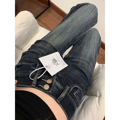 复古蓝灰色微喇牛仔裤女春季新款梨形高腰修身显瘦垂感马蹄拖地裤
