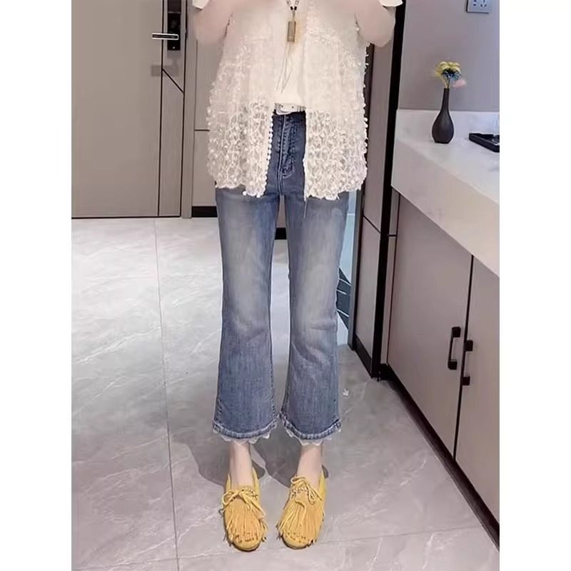 薄款夏天大码微喇牛仔裤女胖妹妹高腰显瘦蕾丝九分弹力马蹄喇叭裤图片