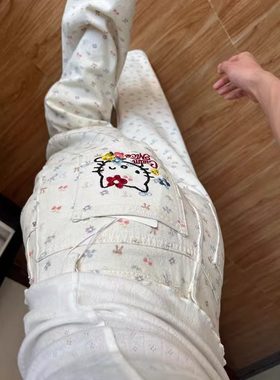 可爱刺绣kitty猫牛仔裤女碎花设计感大码胖mm直筒高腰阔腿裤子夏
