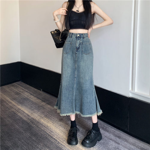 中长款a字鱼尾裙牛仔半身裙女