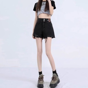 薄款 女高腰顯瘦小個子辣妹a字超短提臀熱褲 黑色毛邊破洞牛仔短褲
