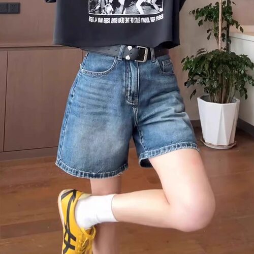 怀旧复古高腰牛仔短裤女薄款夏天小个子高腰显瘦a字五分阔腿中裤