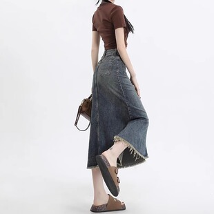 复古毛边牛仔半身裙女高腰修身 a字鱼尾包臂裙夏 显瘦小个子中长款