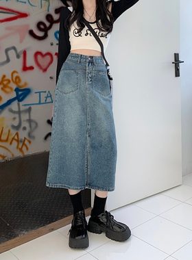 中长款a字高街复古牛仔半身裙女
