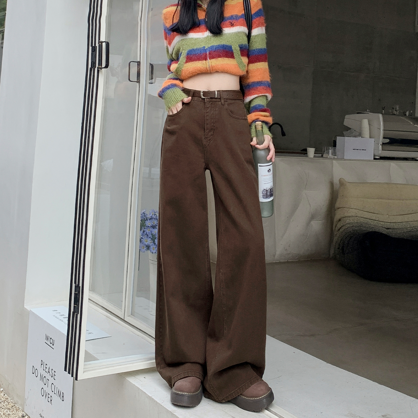 冬装咖啡色直筒高腰牛仔裤女宽松美式辣妹百搭垂感显瘦阔腿拖地裤