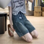小个子怀旧复古蓝高腰阔腿牛仔短裤 夏 女宽松显瘦五分直筒学生中裤