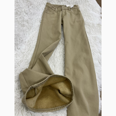 卡其色加绒加厚高腰微喇叭牛仔裤女辣妹显瘦垂感拖地保暖喇叭裤冬