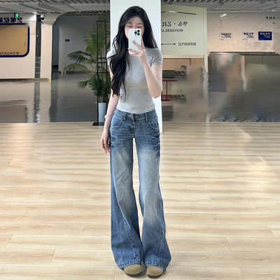 美式复古微喇牛仔裤女大码胖妹妹低腰辣妹显瘦宽松垂感阔腿拖地裤