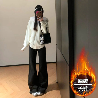 加绒加厚黑色美式低腰微喇牛仔裤女不贴腿显瘦辣妹保暖垂感喇叭裤