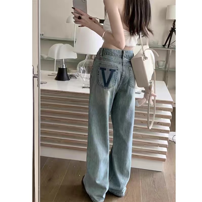 字母V字刺绣夏阔腿牛仔裤女显瘦
