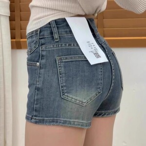 夏天薄款包臀牛仔短裤女显瘦大码胖妹妹美式双扣高腰紧身超短热裤
