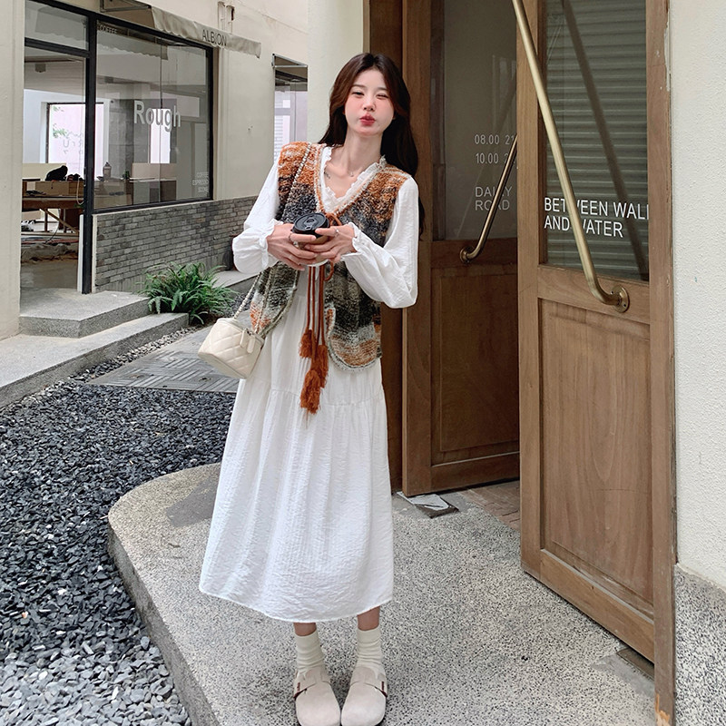 针织马甲白色连衣裙女2025春秋新款法式气质温柔仙女裙,女装连衣裙,浙宝293
