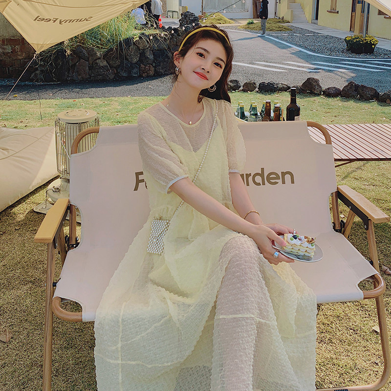 【】奶黄色泡泡格连衣裙两件套205A-6606-P120控168,女装连衣裙,浙宝293