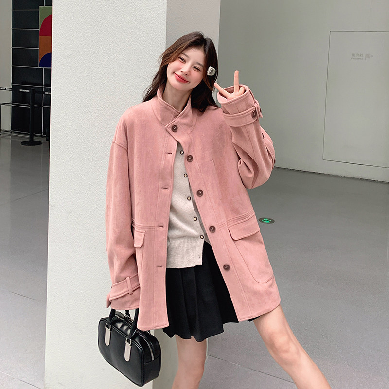 麂皮绒立领外套女休闲减龄2024秋季新款韩系慵懒风超好看宽松夹克,女装短外套,浙宝293