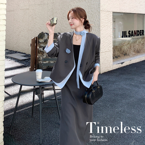 通勤穿搭灰色西服上衣套装女春秋2025超火好看高级感半身裙两件套