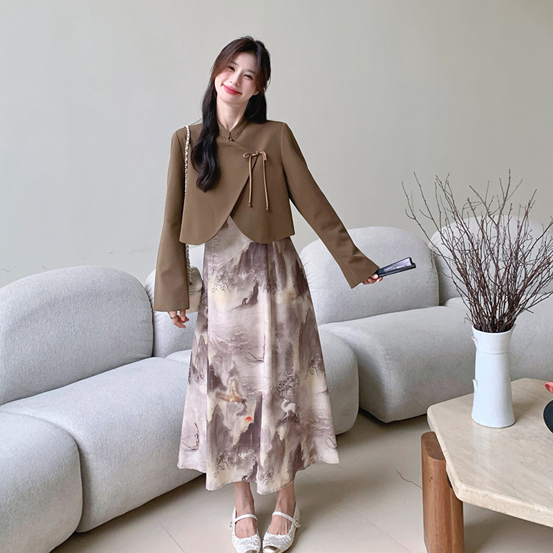 【新款】新中式水墨晕染连衣裙西装套装293-1090-165控228,女装连衣裙,浙宝293