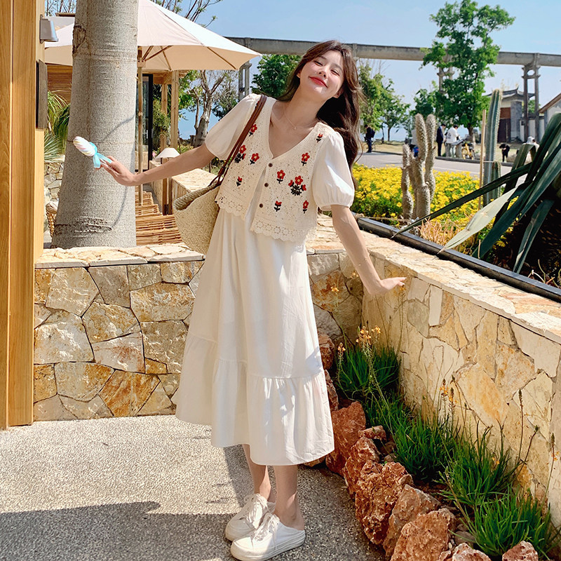 白色假两件拼接连衣裙女2025夏季新款法式甜美温柔风少女初恋长裙,女装连衣裙,浙宝293