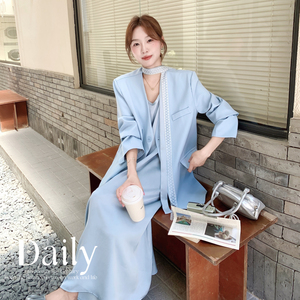 蓝色西装醋酸吊带连衣裙套装女2025秋季新款韩版高级感时尚两件套图片