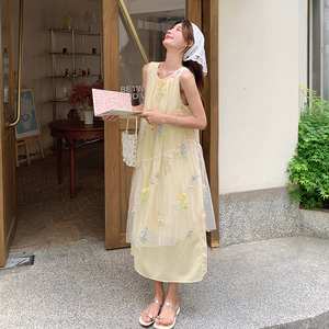 法式网纱刺绣罩衫裙套装女2025夏季新款宽松显瘦背心长裙子两件套图片