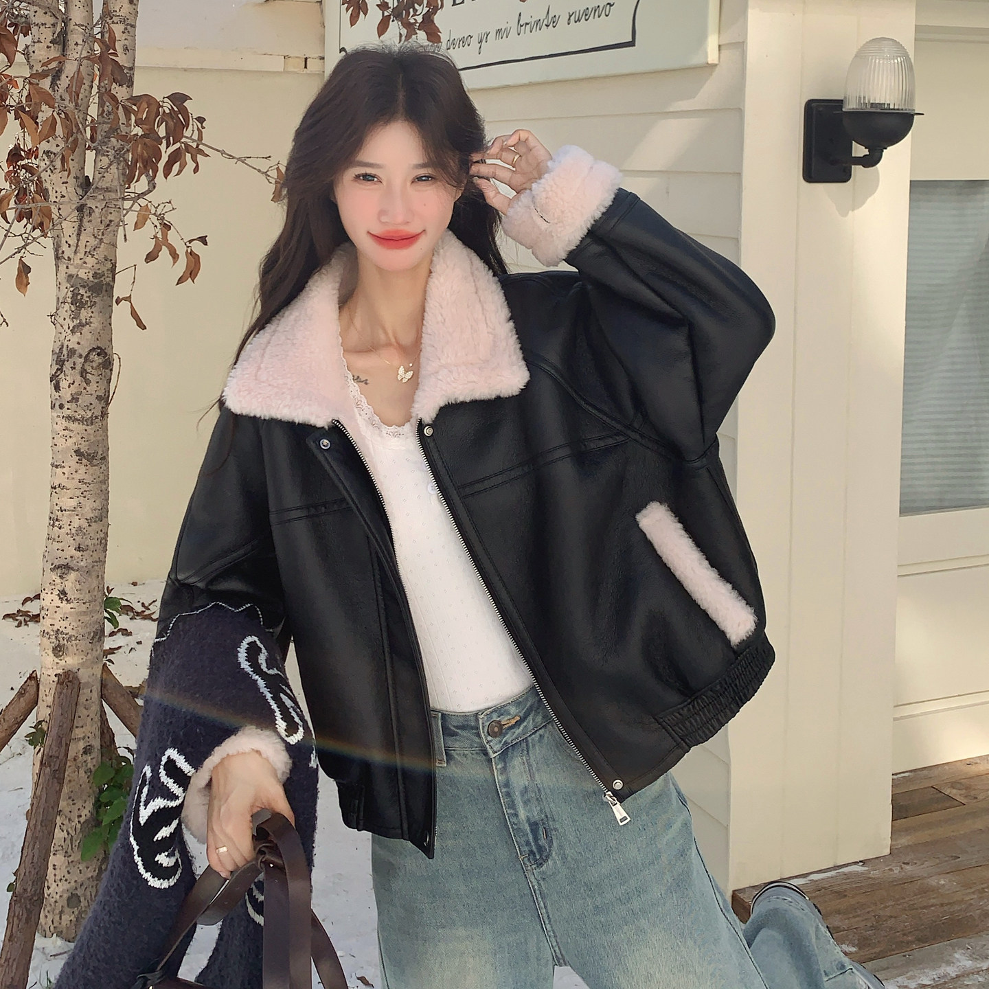 【新款】现货皮毛一体黑色皮衣羊羔毛外套293-2826-P175控268,女装短外套,浙宝293