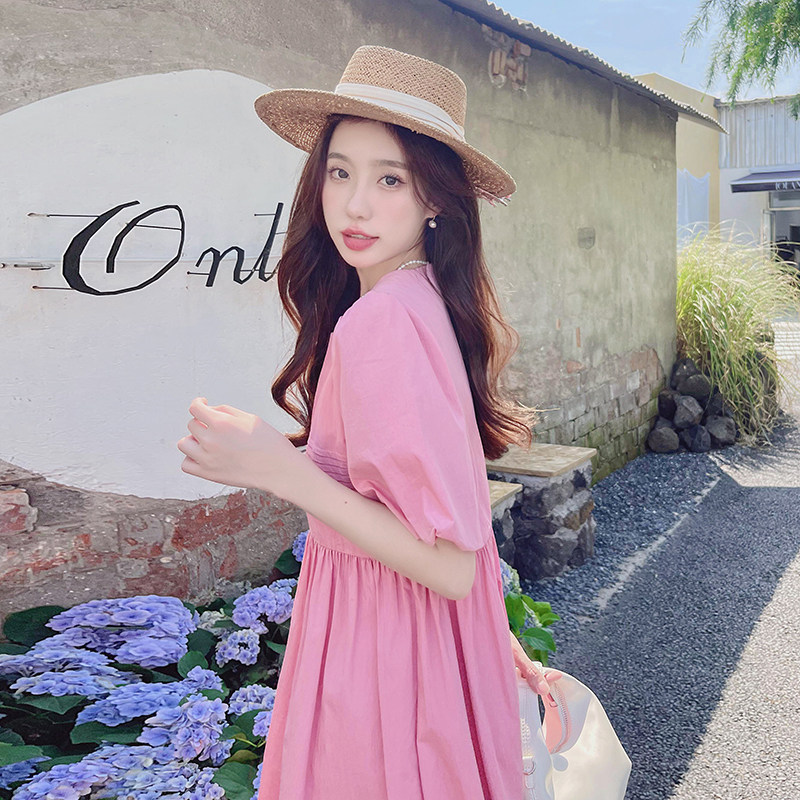 法式甜美减龄泡泡袖连衣裙女2025夏季新款韩版收腰显瘦圆领a字裙,女装连衣裙,浙宝293