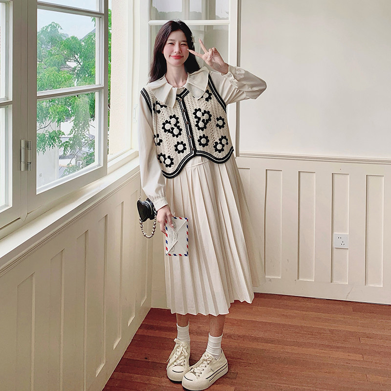 【新款】钩花针织马甲百褶裙两件套293-1088-P145控208,女装连衣裙,浙宝293