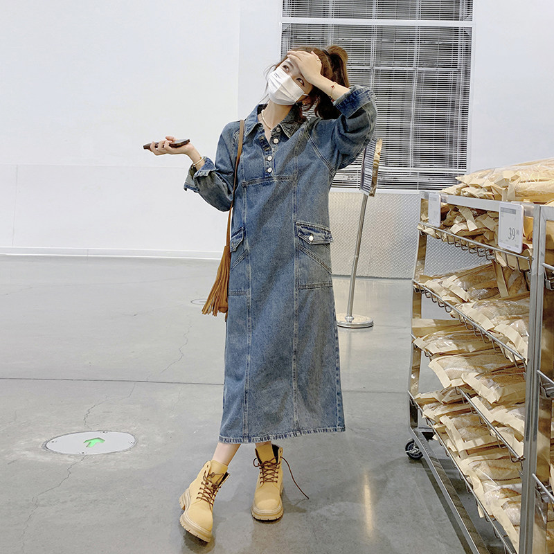 牛仔长袖连衣裙女2025春秋新款港风复古减龄休闲百搭后开叉衬衫裙,女装连衣裙,浙宝293
