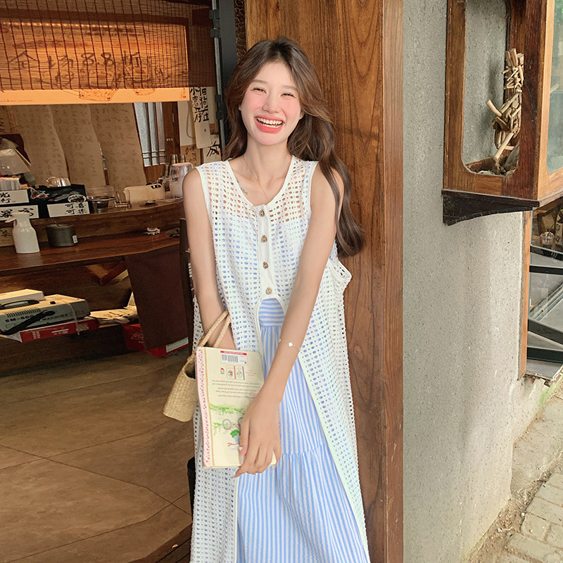 法式甜美条纹吊带连衣裙套装女2025夏季新款显瘦针织罩衫裙两件套,女装连衣裙,浙宝293