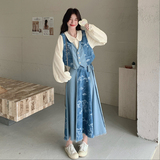 新中式国风印花娃娃领衬衫显瘦马甲牛仔半身裙三件套女秋2026新款，女装套装/套裙，浙宝293